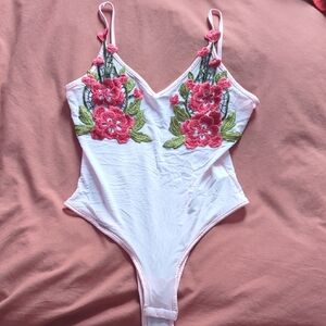 Sheer Pinn Bodysuit with Floral Appliques